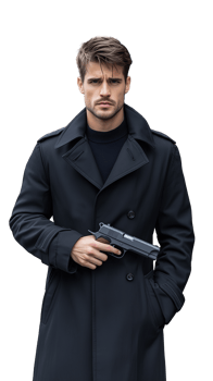 Confident man in black coat holding handgun on transparent background png