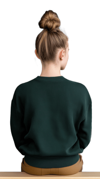 Young woman with bun hairstyle wearing green sweater on transparent background png