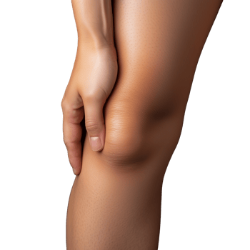 Human leg with hand on knee for physical therapy on transparent background png