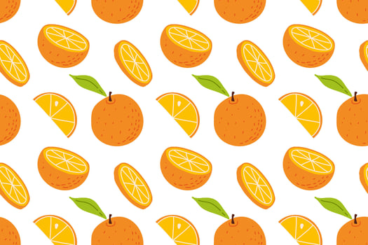 Colorful orange pattern with whole and sliced fruit on a white background vector