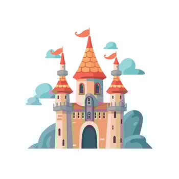 design of a whimsical castle with towers and flags surrounded by clouds vector