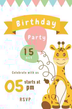 Birthday invitation card with cheerful jolly, kind giraffe and balloons. Childrens birthday party invitation template. illustration on colored background. vector