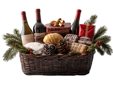 Wicker basket christmas gift set with wine and sweets on transparent background png