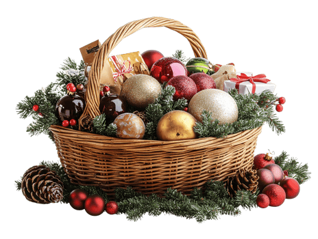 Christmas gift basket with ornaments on transparent background png