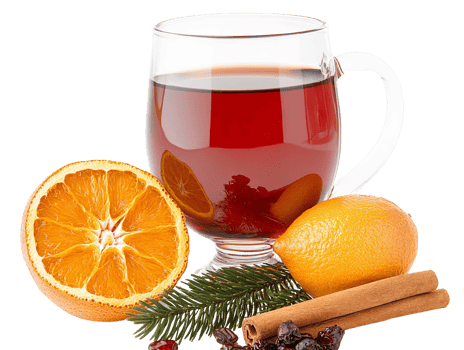 Mulled wine drink in glass mug with orange and lemon slices on transparent background png