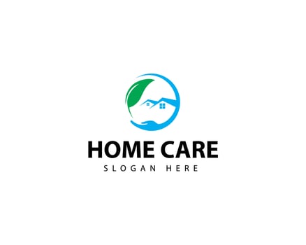 Home logo with hand care. Care house logo design art. Icon. Building. premium. Business logo. Medical. Care. vector