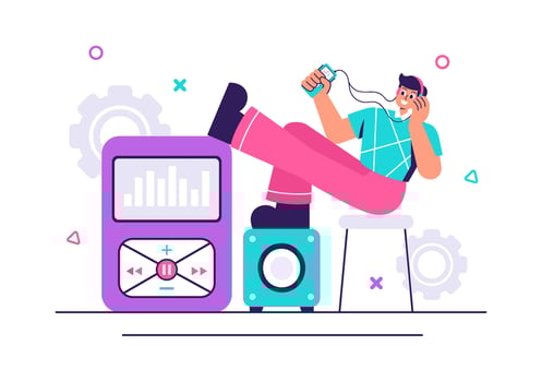 Illustration of MP3 Player with Audio App, Headset, and Musical Symbols on Flat Background vector