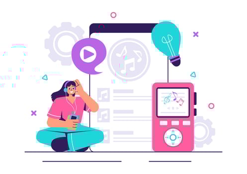 Music Technology Illustration featuring MP3 Player, Headphones, and Audio App vector