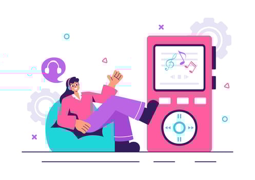 MP3 Player and Headset Illustration for Mobile Music Apps in Flat Background Style vector