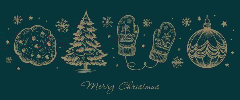 Christmas toy, ball, tree, set on green, Hand drawn illustration vector
