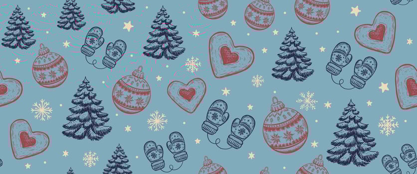 Christmas pattern with tree, ball, on blue, hand drawn illustrations vector