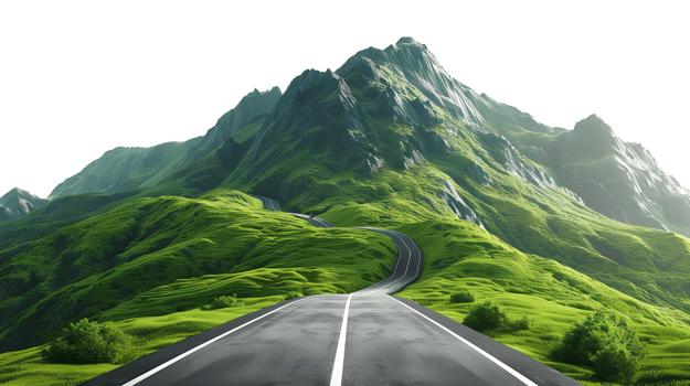 Winding road through lush green mountain landscape isolated on transparent background png