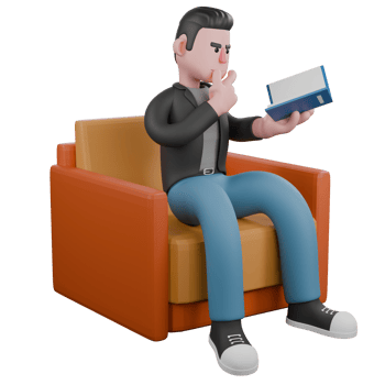 Professional 3D Cartoon Character. A male screenwriter sits on a sofa with one hand holding a book while the other is under his chin, thinking expression. Screenwriter Model png