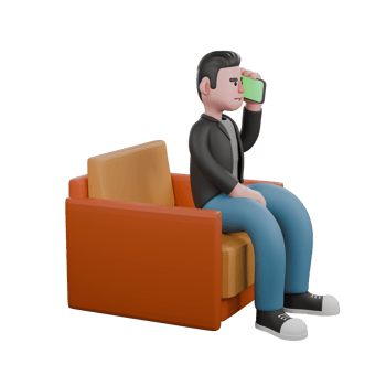 Creative Screenwriter 3D Model. A male screenwriter sits on a sofa with his left hand holding a phone to one ear while his other hand is on his thigh.. Cartoon Character Design png