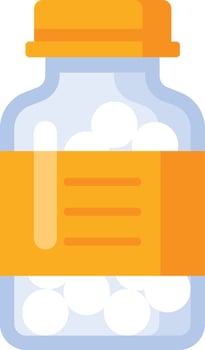 Glass medicine bottle containing white round pills with orange label, representing healthcare, pharmaceuticals, and medical treatment vector