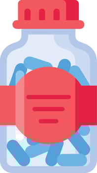 Transparent glass medicine bottle containing blue capsules with a red label featuring blank lines for prescription information, representing pharmaceutical products and healthcare vector
