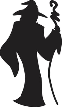 Black silhouette of a wizard wearing a long robe and pointy hat, holding a magic staff with a spiral top, conveying a sense of mystery and power vector