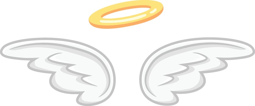 Cartoon drawing of white feathered angel wings and golden halo floating on a white background, representing purity, innocence, and spirituality vector