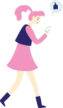 Stylish young woman with pink hair is walking and using her mobile phone, with a like notification appearing above, representing social media approval and engagement vector