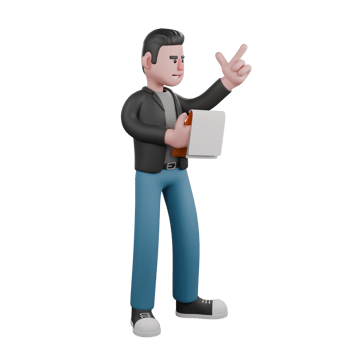 3D Screenwriter Character. A male screenwriter stands facing left with his right hand holding a note while his left hand points up, a happy expression. Cartoon Creative Illustration png