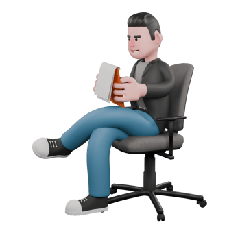 Cartoon 3D Character Design. A male screenwriter sits on a chair with his left leg crossed over his left leg while both hands hold a note, a wide smiling expression. Screenwriter Illustration png