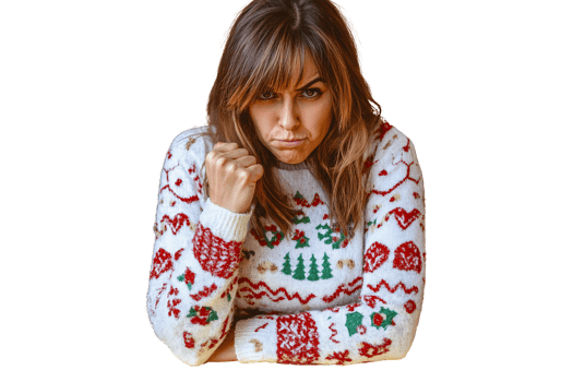 Angry woman in christmas sweater on transparent background png