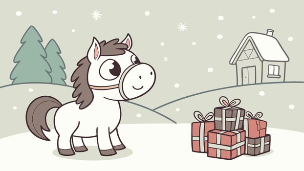 A cute horse looking at presents on christmas morning vector