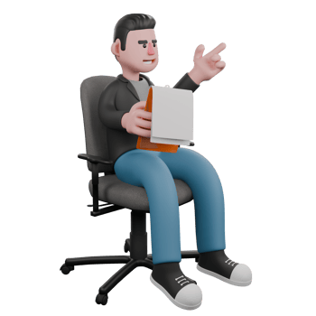 3D Screenwriter Cartoon Design. A Male Screenwriter sits on a work chair with a clipboard in his right hand and his left hand pointing in a certain direction, explaining expression. Illustration png