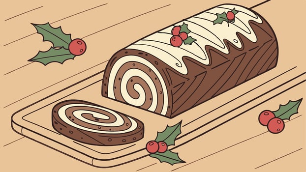 Chocolate yule log christmas cake on wooden background. vector