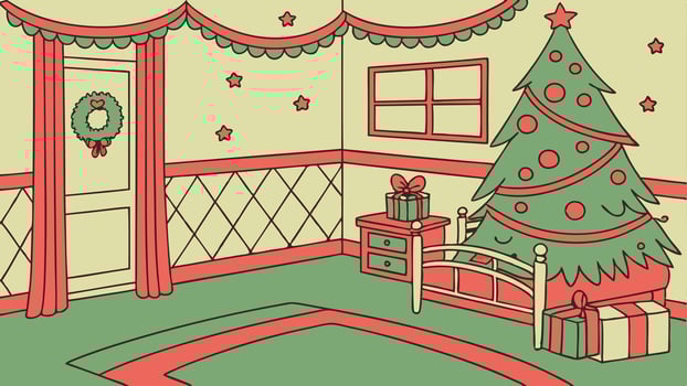 Christmas bedroom interior with redgreen colors with a christmas tree vector