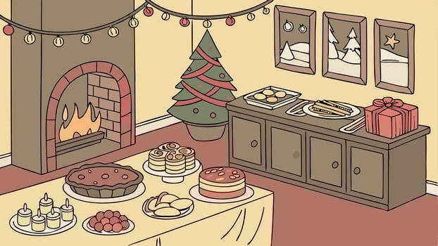 Christmas banquet in a cosy room. Food buffet for the holidays. illustration. vector