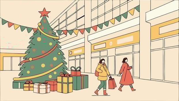 Christmas celebration background with Christmas Tree with gifts standing in shopping mall - vector