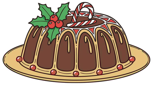 Christmas chocolate bundt cake on a golden cake plate vector
