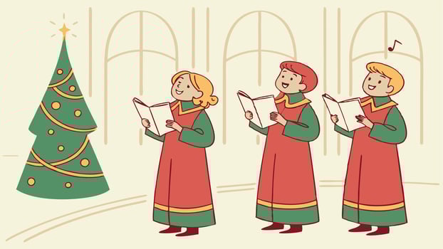 Christmas Choir Singing Joyfully with Sheet Music in Hand. vector