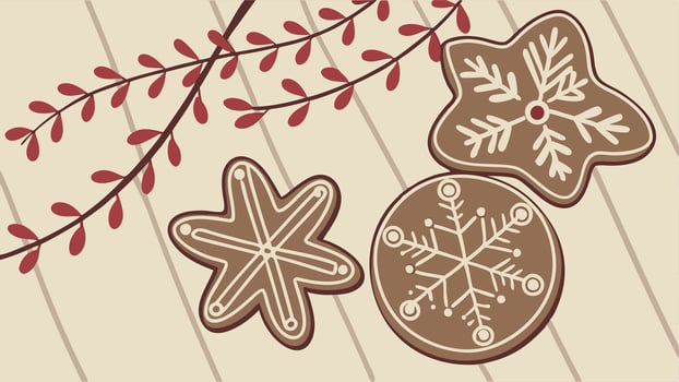 Christmas gingerbread cookies on a wooden background. Decorated with snowflakes and garlands. vector