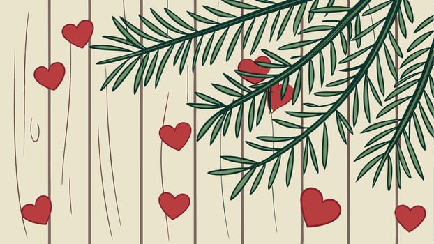 Christmas holiday evergreen pine branches and red hearts wood background with copy space vector