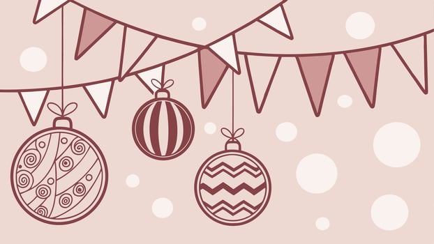 Christmas holiday banner with hanging rose gold festive decorations on blurred pink background. vector