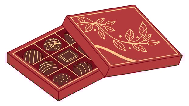 Christmas luxury candy box. Red box with chocolates and truffles top view. vector