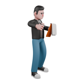 Artistic Screenwriter 3D Character Design. A male screenwriter is standing with both hands holding a pen and clipboard, expression wanting to write. Cartoon Illustration png