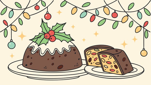 Christmas pudding fruit cake on christmas decoration background.Traditional festive dessert. vector