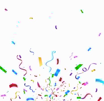 Celebration background template with colorful confetti and ribbons. Bright falling tinsel. vector