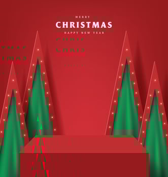 Merry Christmas banner with product display table and Artificial Christmas Trees backdrop vector