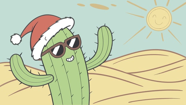 Cute Cartoon Cactus with a Santa hat and Sunglasses in the Desert vector