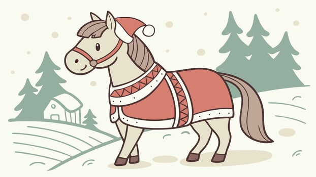 Cute horse in Christmas outfit in the snow. Watercolor animal illustration. Seasons greetings vector