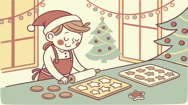 Cute little boy making gingerbread cookies in christmas decorated kitchen vector
