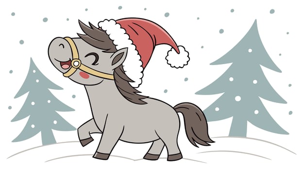 Cute little festive horse wearing a Father Christmas santa hat vector
