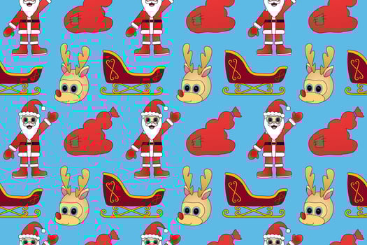 Cheerful seamless pattern featuring Santa Claus, reindeer, sleigh, and red gift bags on a light blue background. vector