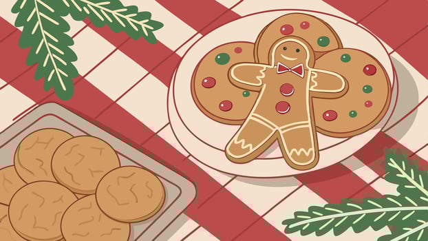 A plate of cookies and a gingerbread man on a checkered tablecloth vector