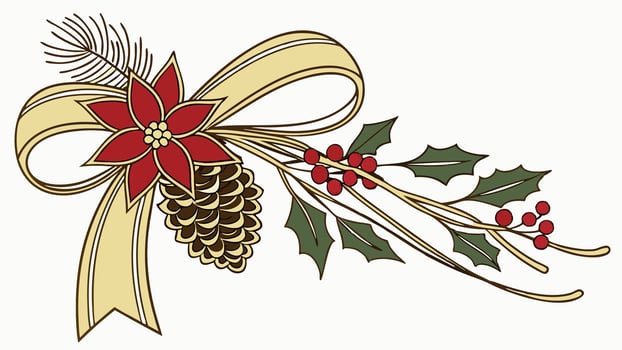Gold bow with christmas flower. pine cone and berries isolated on transparent background vector