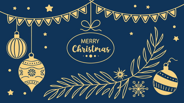 Gold Christmas decorations on blue background Xmas card template New Year banner mockup vector